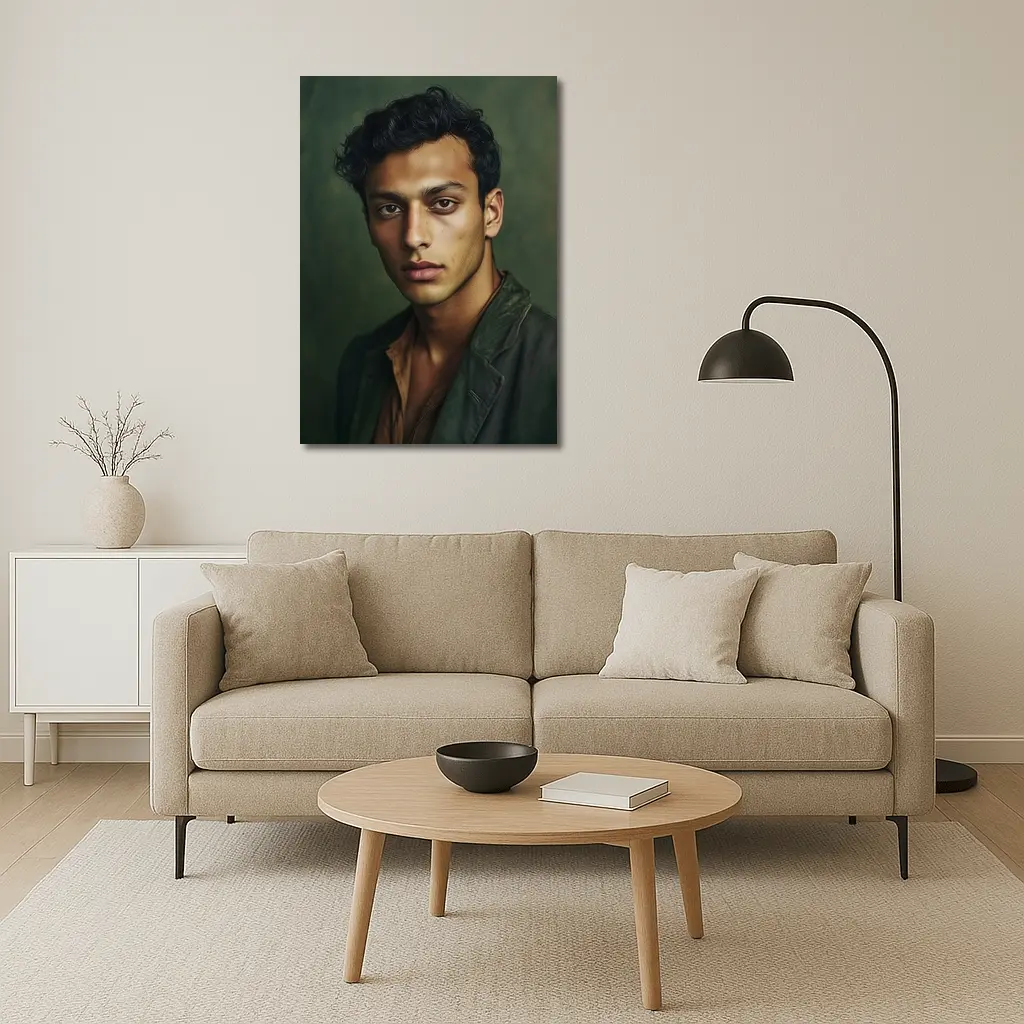 Young Man Portrait Dark Green Background – Wall Art
