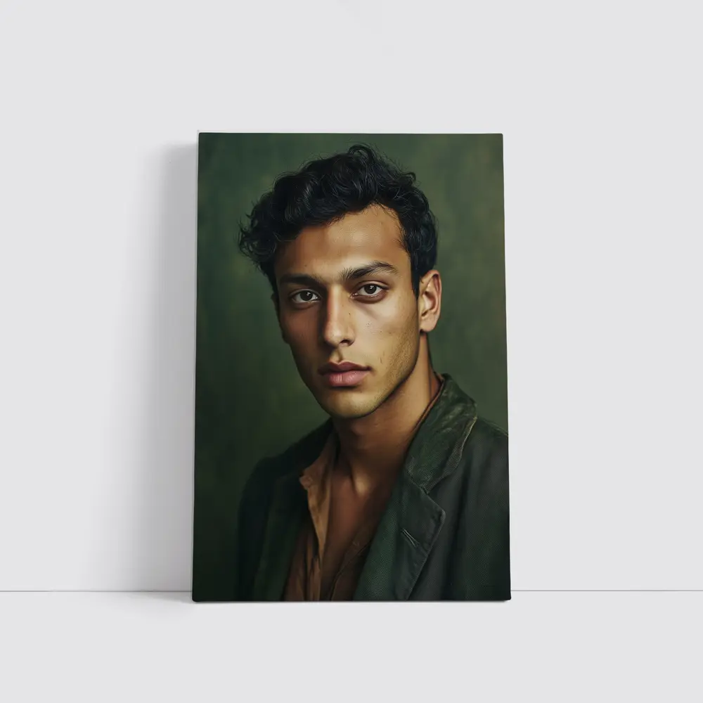Young Man Portrait Dark Green Background – Wall Art