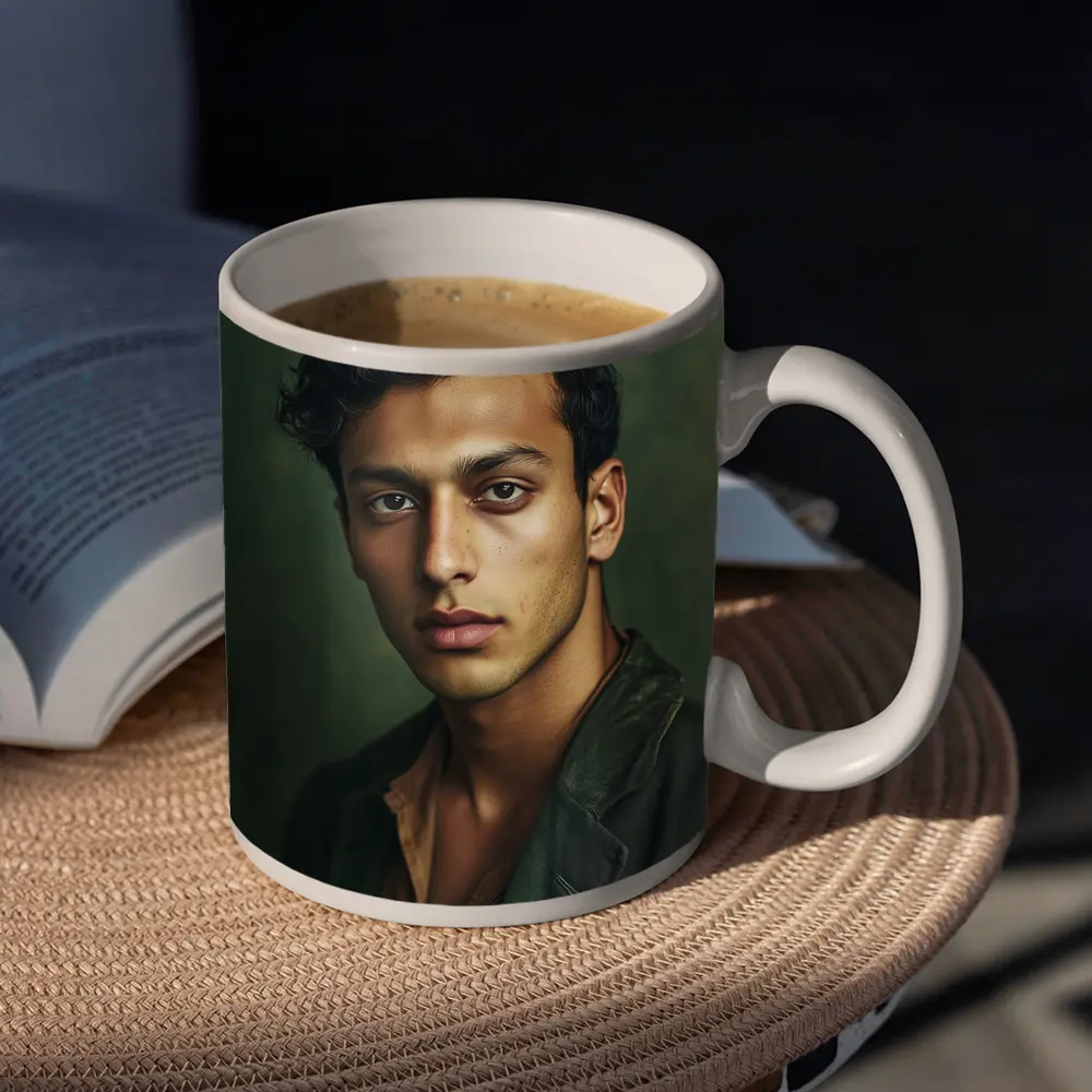 Young Man Portrait Dark Green Background – Mugs
