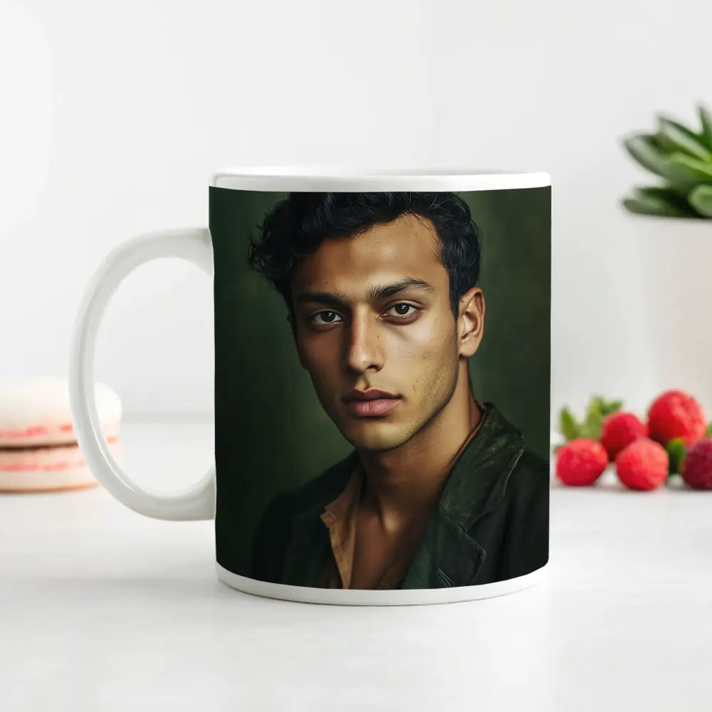 Young Man Portrait Dark Green Background – Mugs