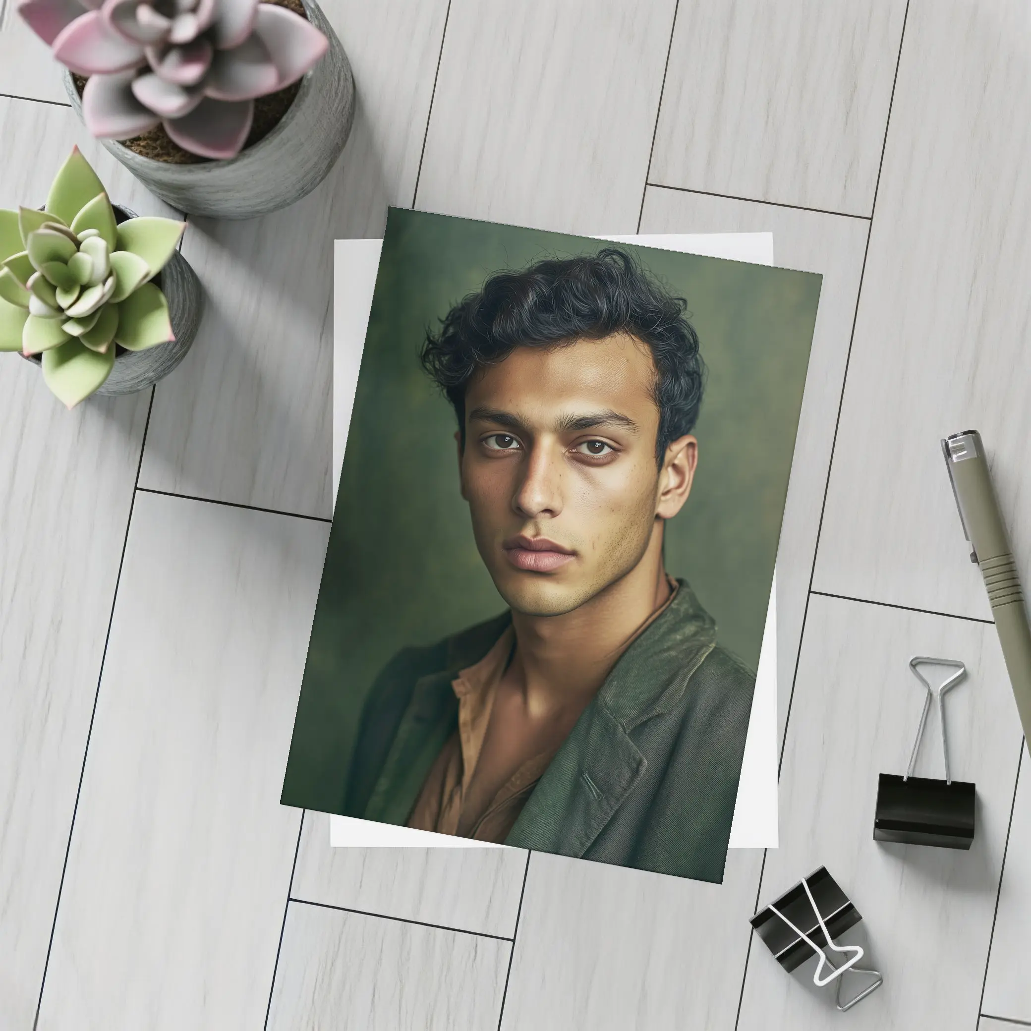 Young Man Portrait Dark Green Background – Postcards