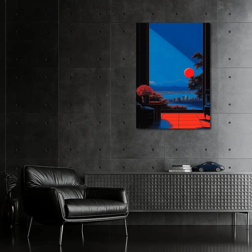 Red Moon City View Japanese Minimal Art – Wall Art