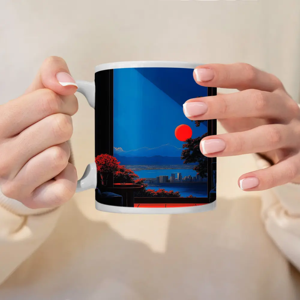 Red Moon City View Japanese Minimal Art – Mugs