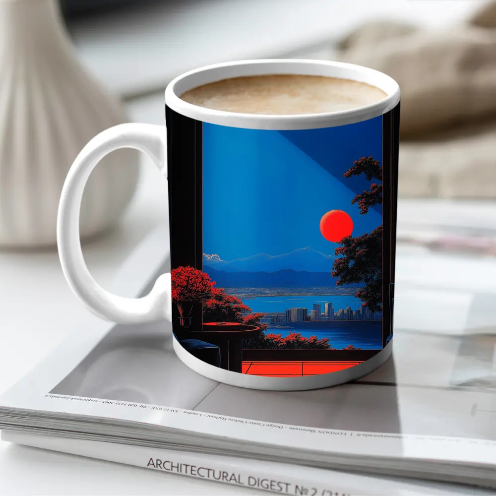 Red Moon City View Japanese Minimal Art – Mugs
