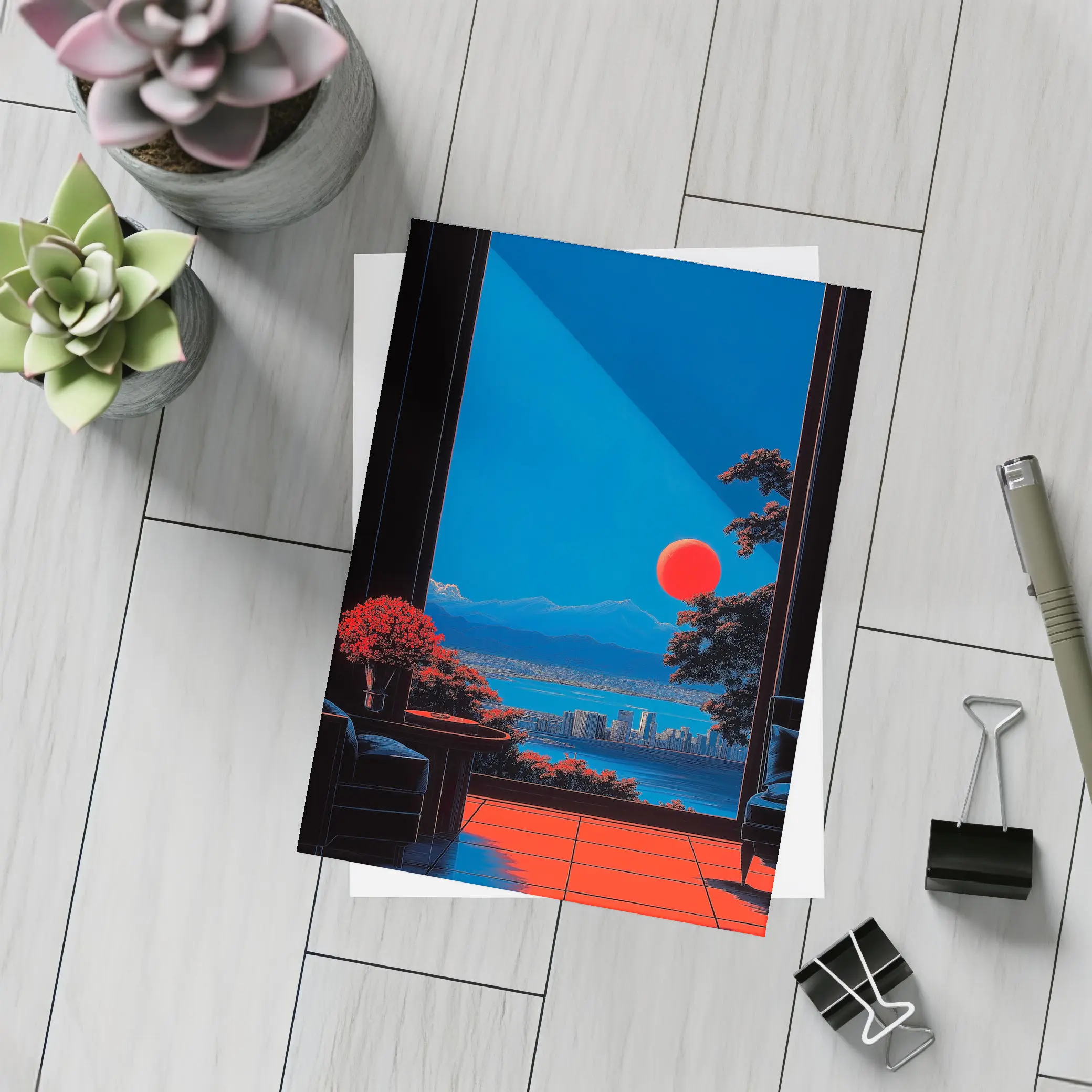 Red Moon City View Japanese Minimal Art – Postcards