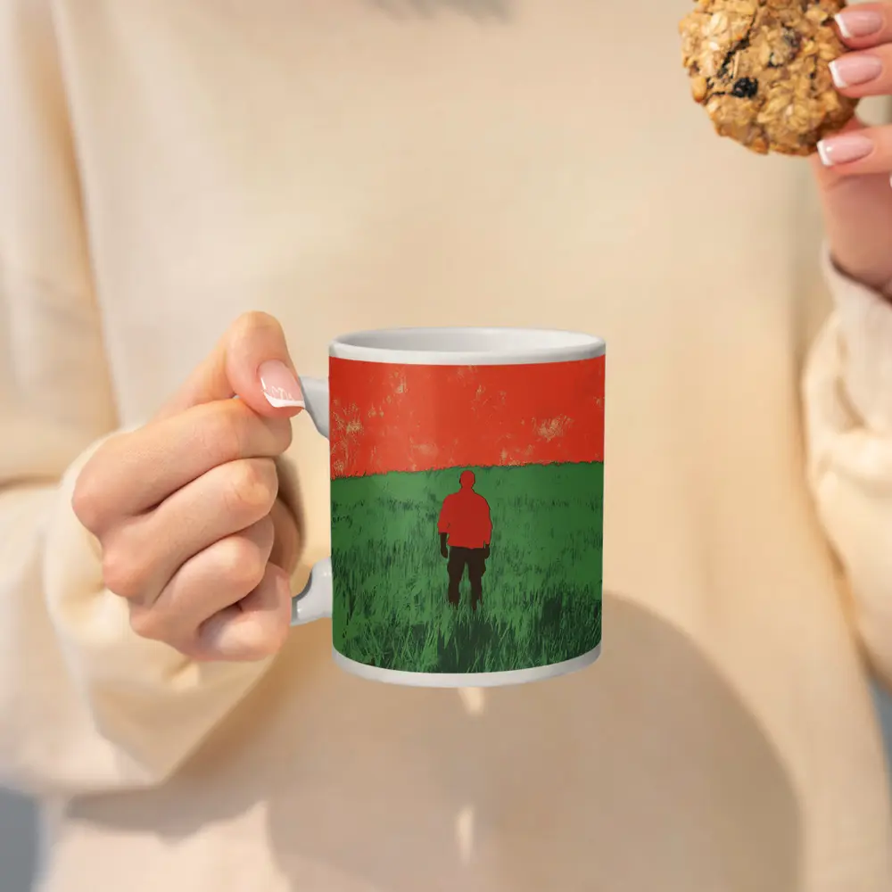 Lone Figure Standing in Green Field – Mugs