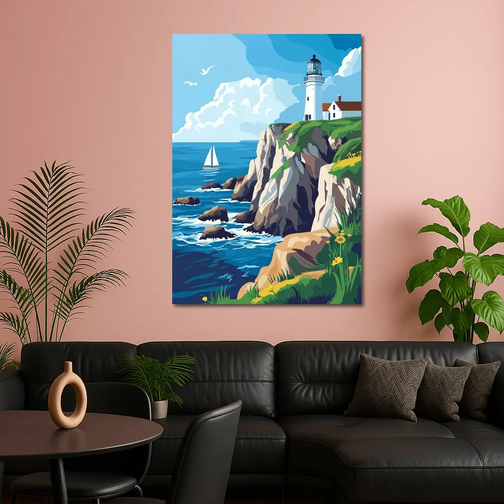 Lighthouse On Rocky Coastal Cliffs Sailboat – Wall Art