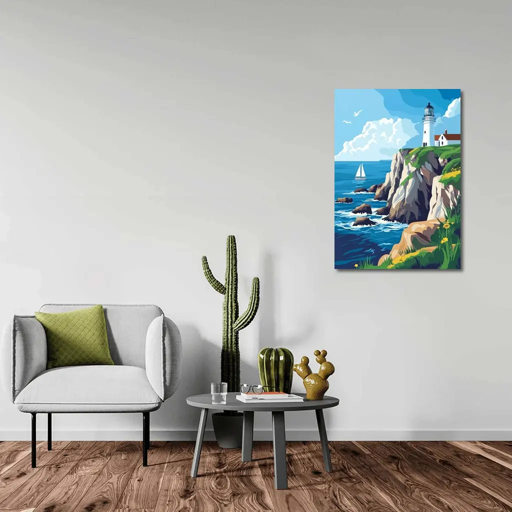 Lighthouse On Rocky Coastal Cliffs Sailboat – Wall Art