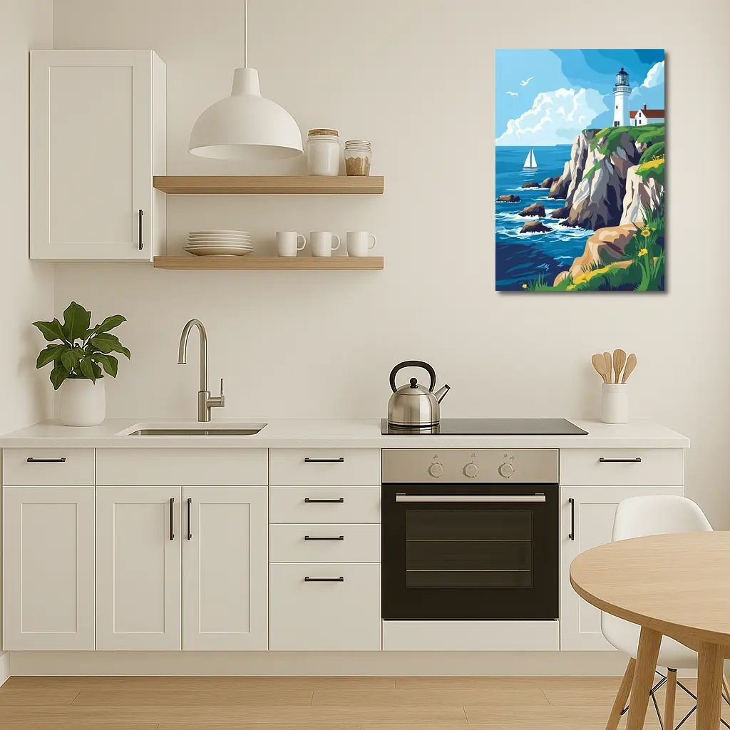 Lighthouse On Rocky Coastal Cliffs Sailboat – Wall Art