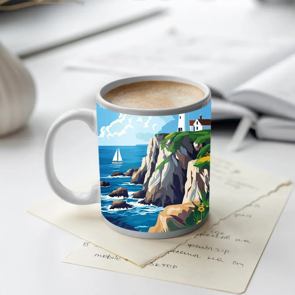 Lighthouse On Rocky Coastal Cliffs Sailboat – Mugs