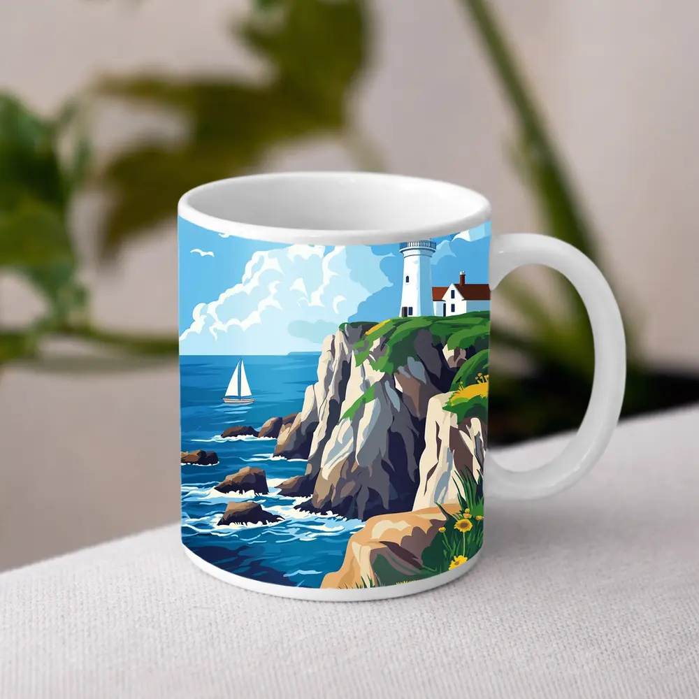 Lighthouse On Rocky Coastal Cliffs Sailboat – Mugs
