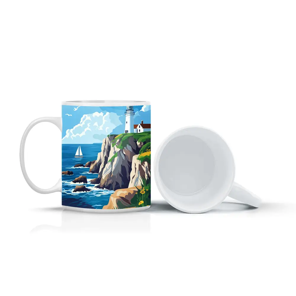 Lighthouse On Rocky Coastal Cliffs Sailboat – Mugs