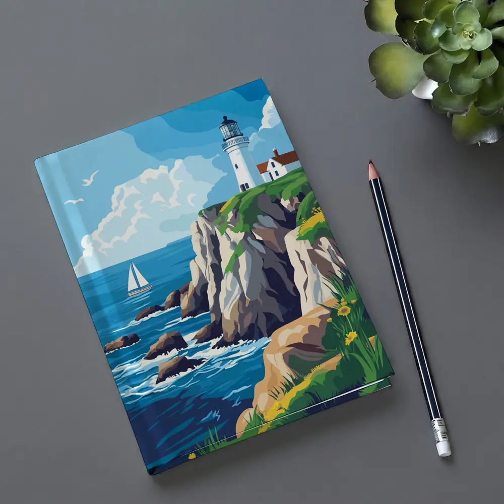 Lighthouse On Rocky Coastal Cliffs Sailboat – Notebooks