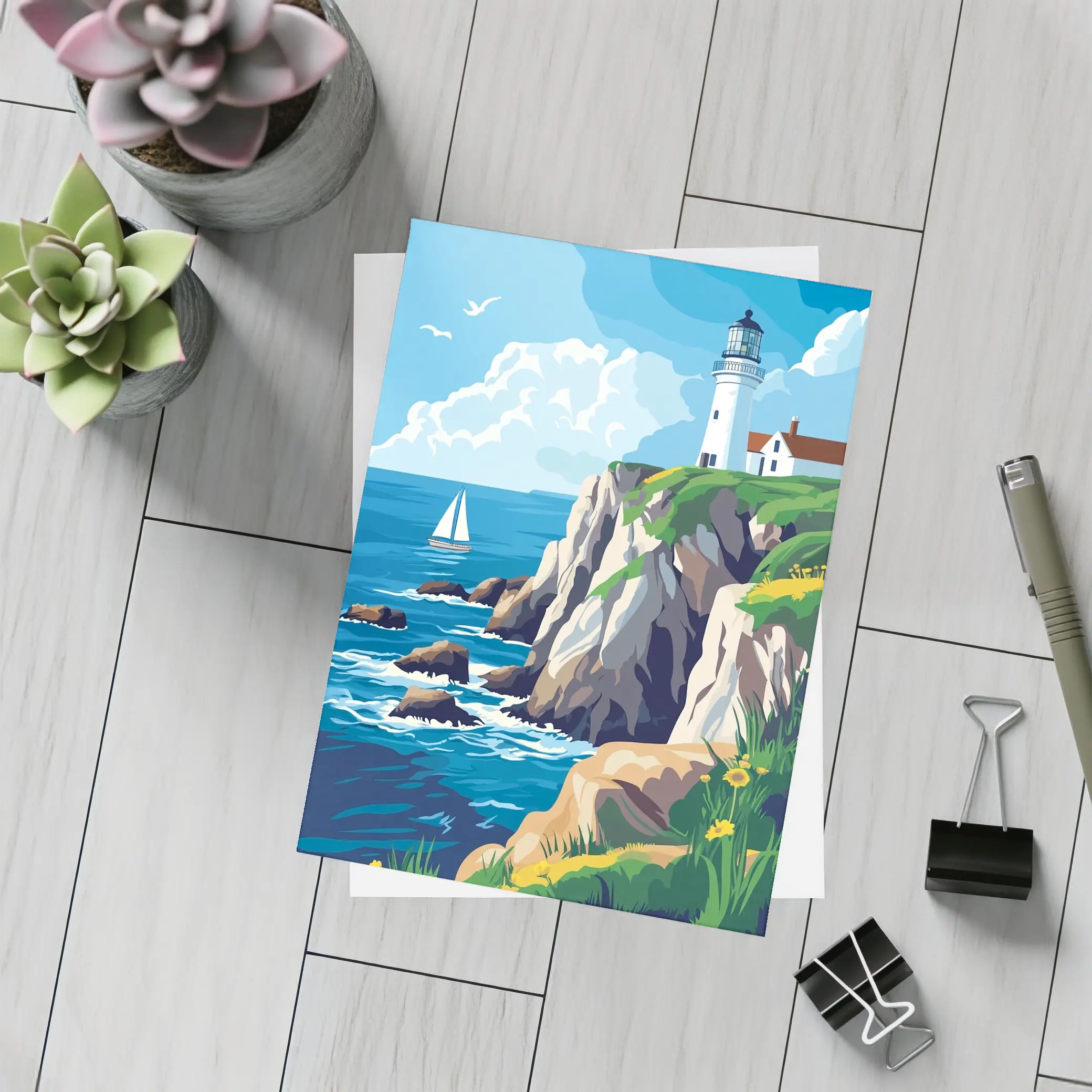 Lighthouse On Rocky Coastal Cliffs Sailboat – Postcards
