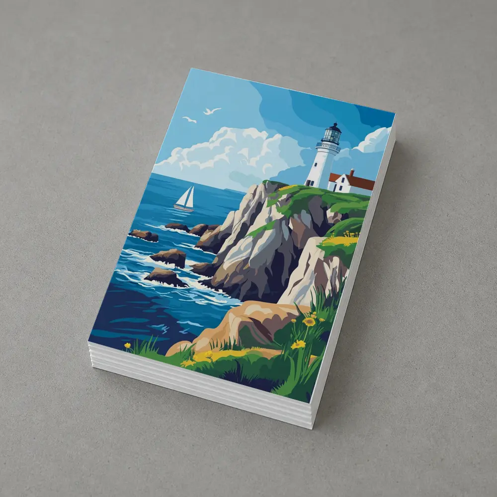 Lighthouse On Rocky Coastal Cliffs Sailboat – Postcards