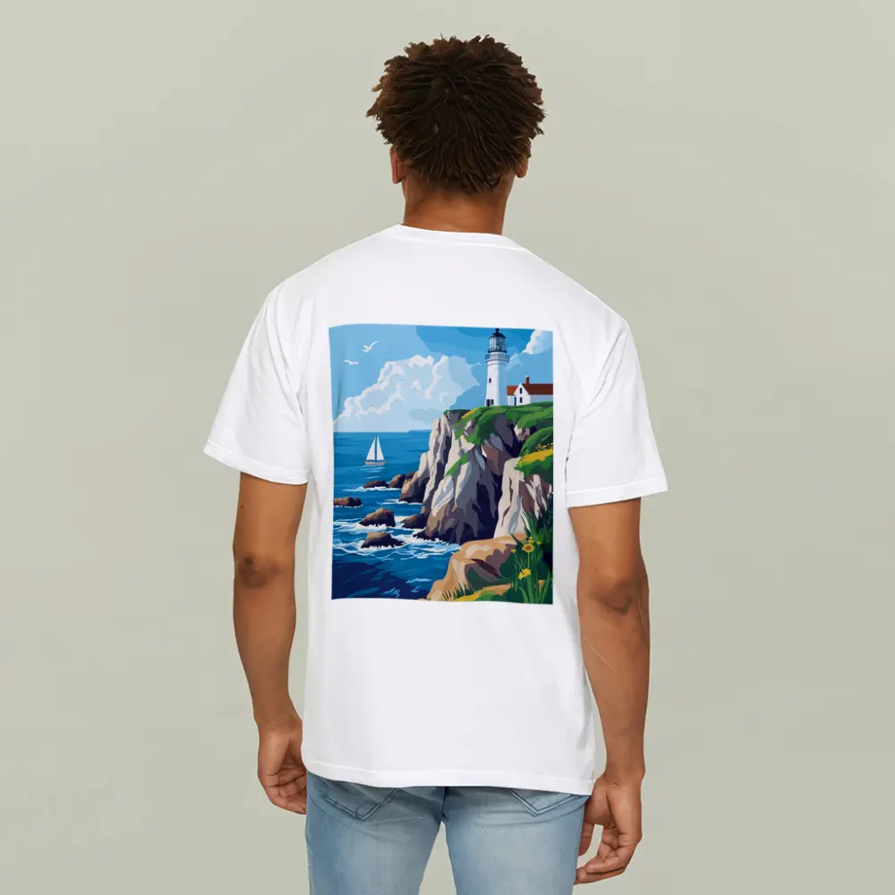 Lighthouse On Rocky Coastal Cliffs Sailboat – T-Shirts