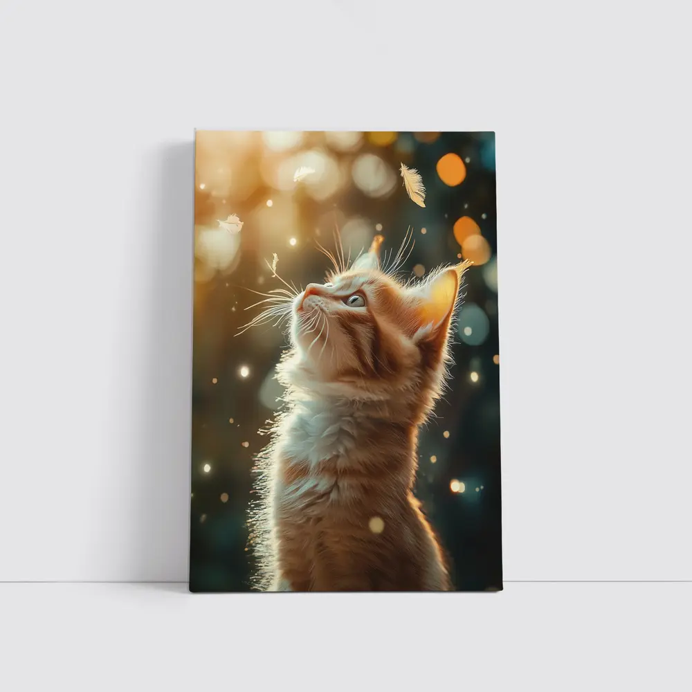 Ginger Kitten Looking Up Bokeh Lights – Wall Art