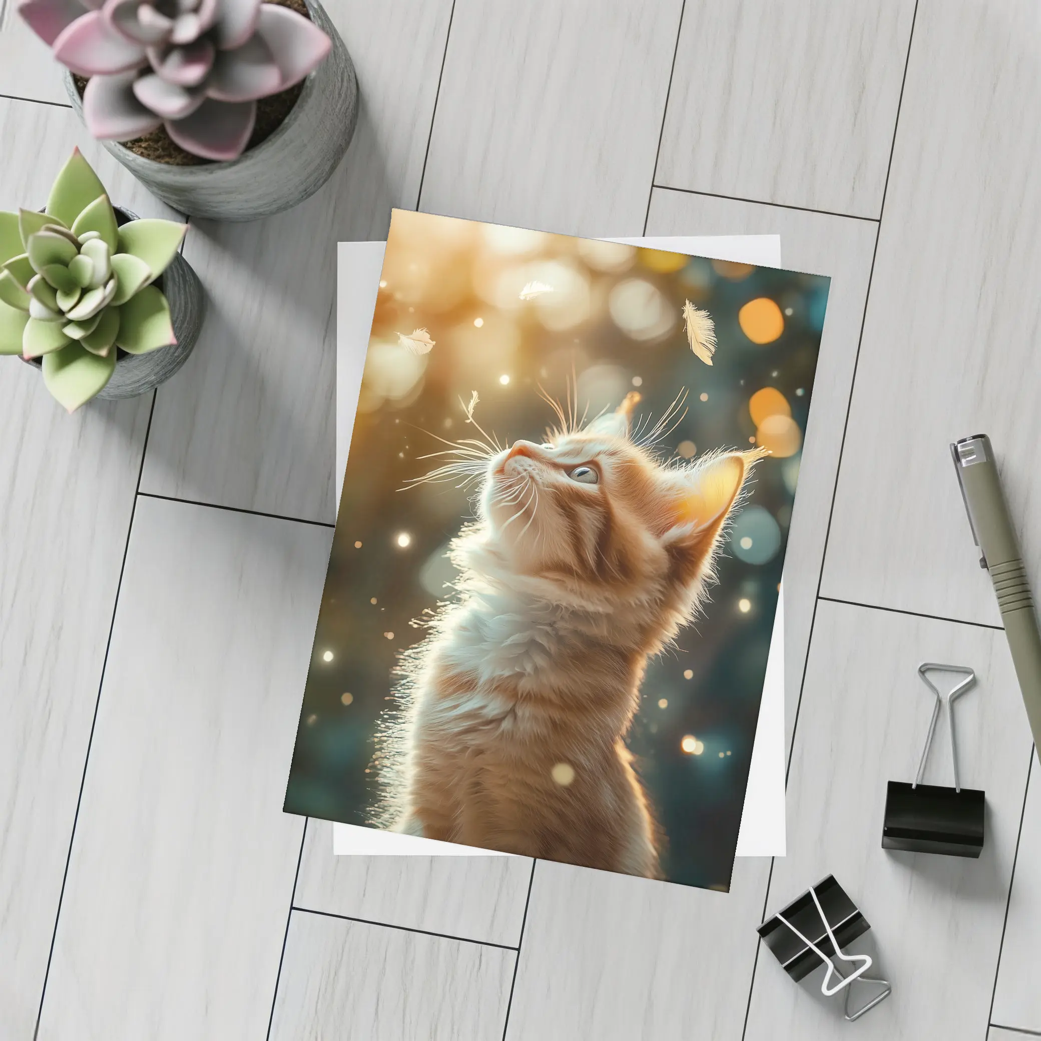 Ginger Kitten Looking Up Bokeh Lights – Postcards