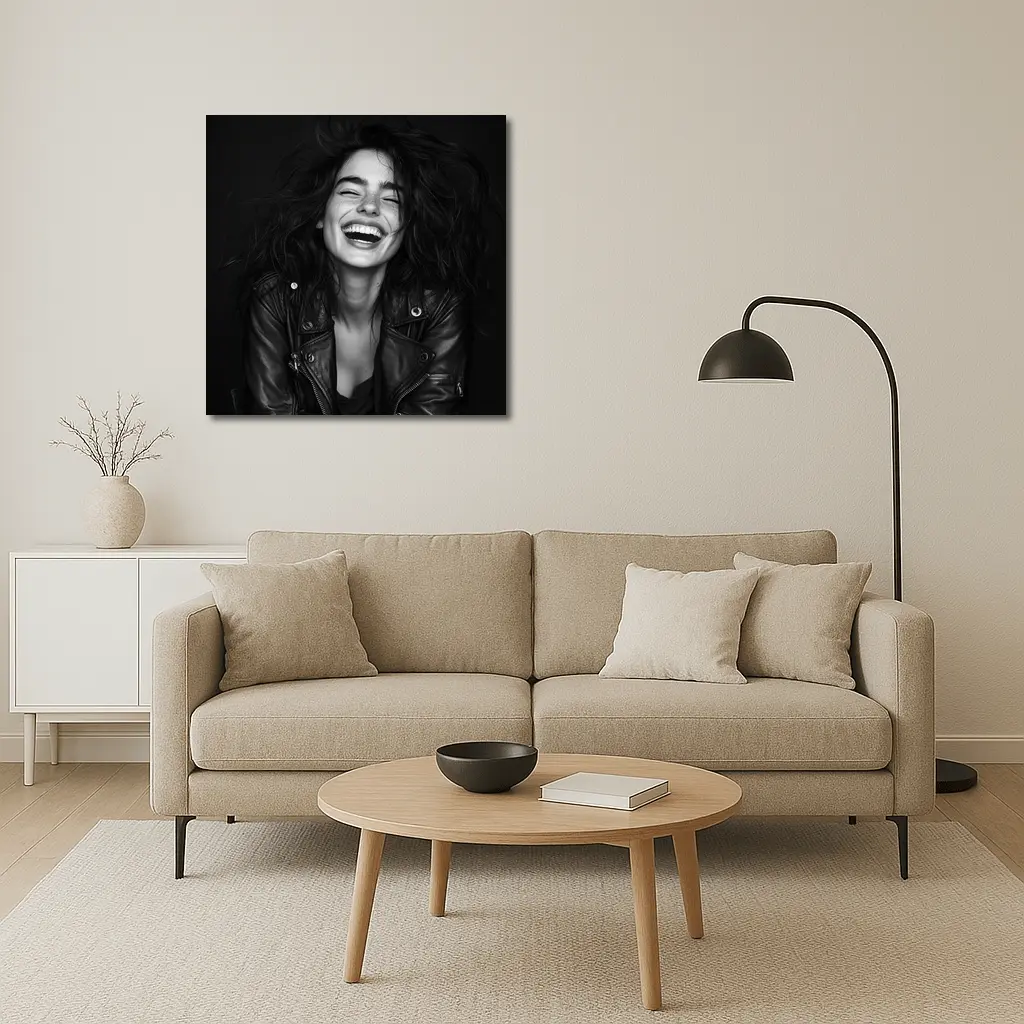 Laughing Woman Leather Jacket Black Background – Wall Art