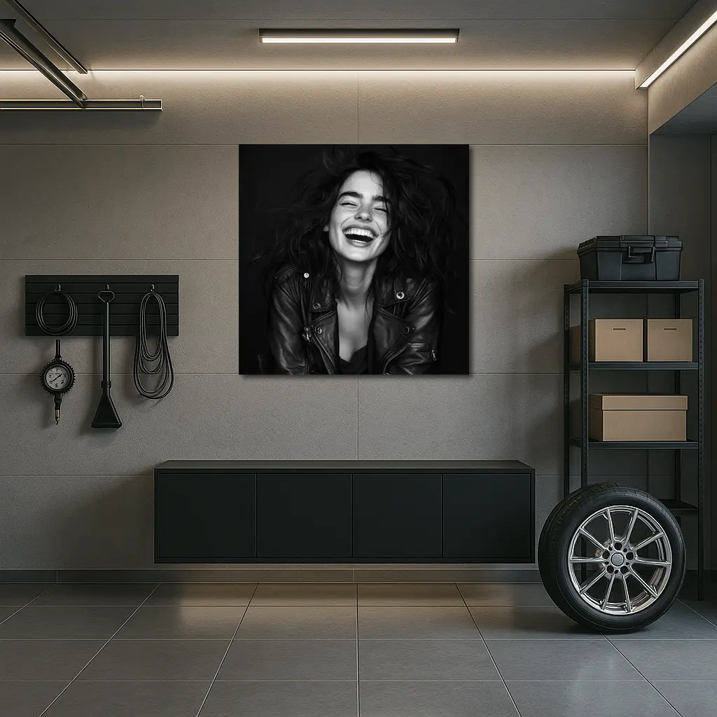 Laughing Woman Leather Jacket Black Background – Wall Art