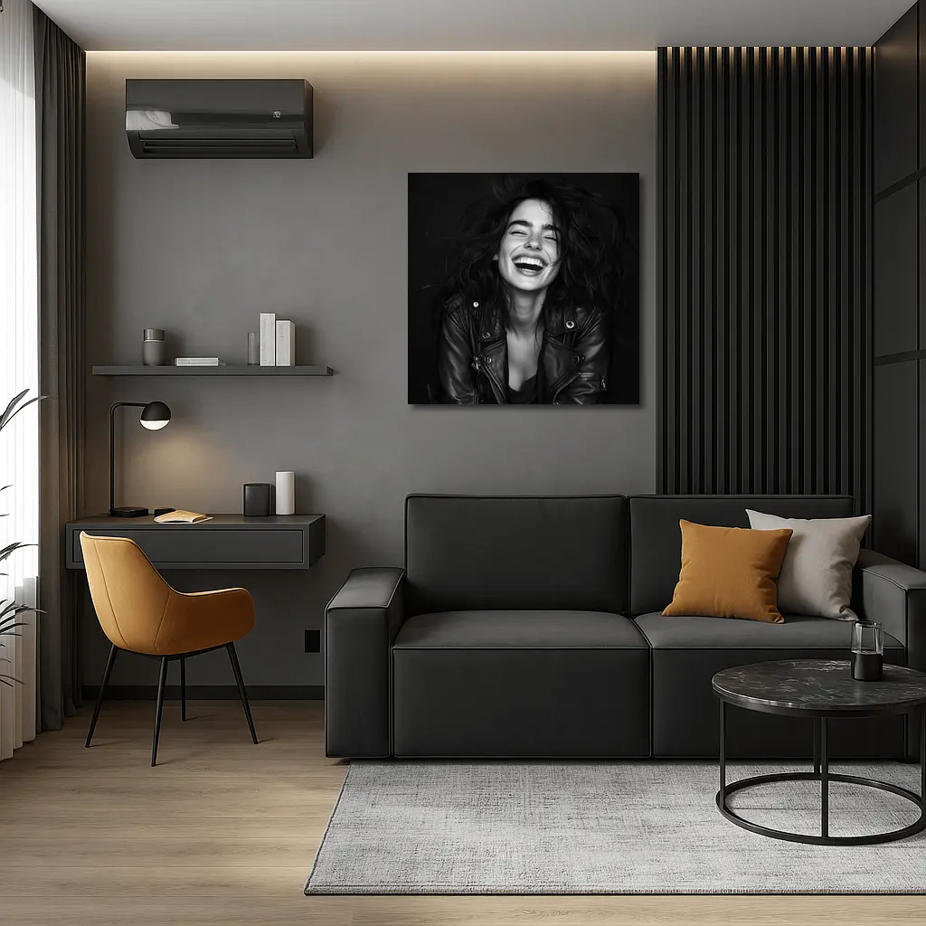 Laughing Woman Leather Jacket Black Background – Wall Art