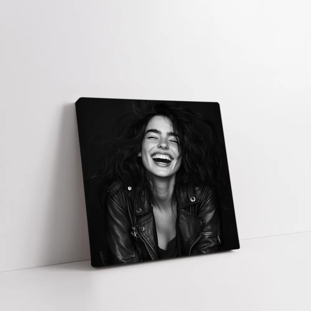 Laughing Woman Leather Jacket Black Background – Wall Art