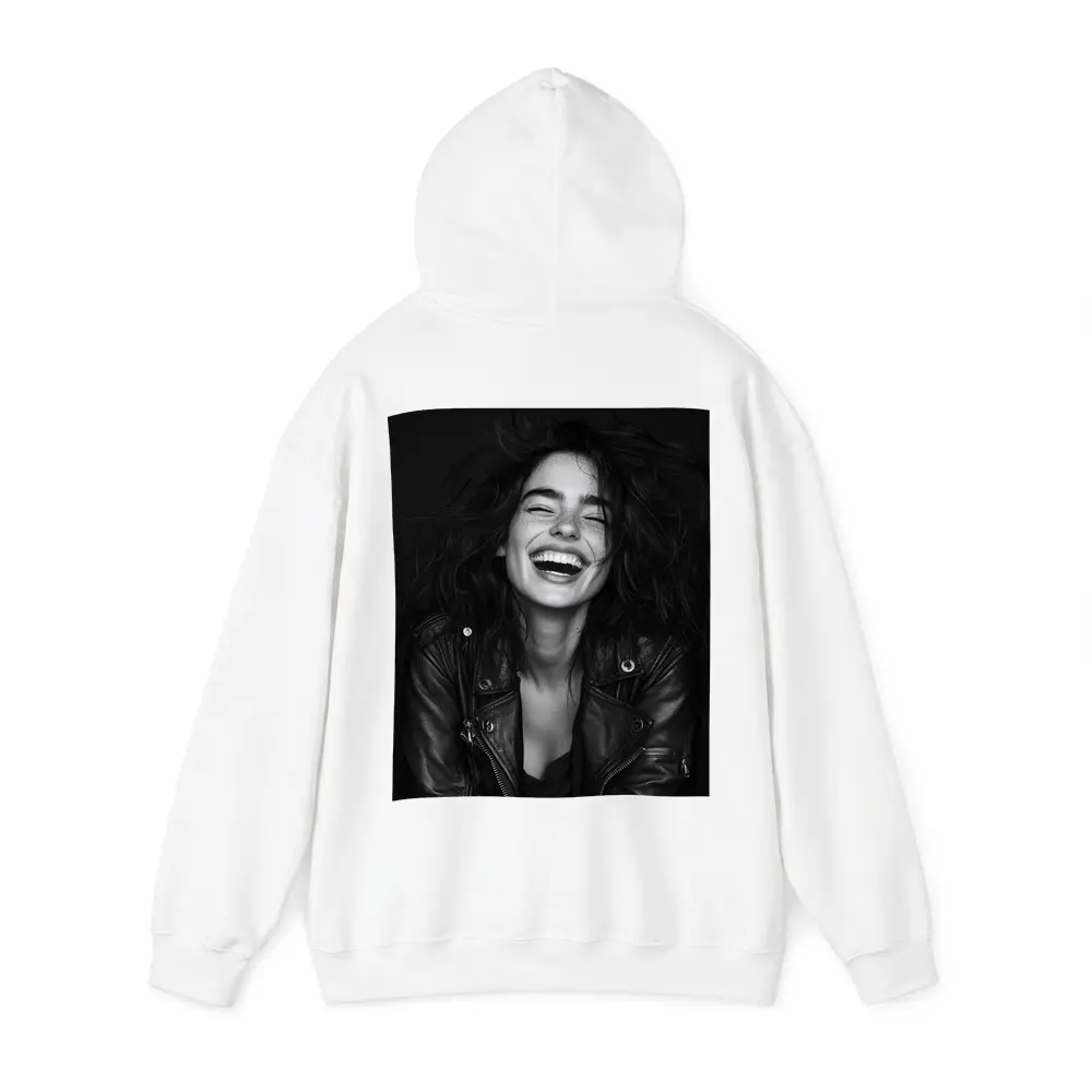 Laughing Woman Leather Jacket Black Background – Hoodies