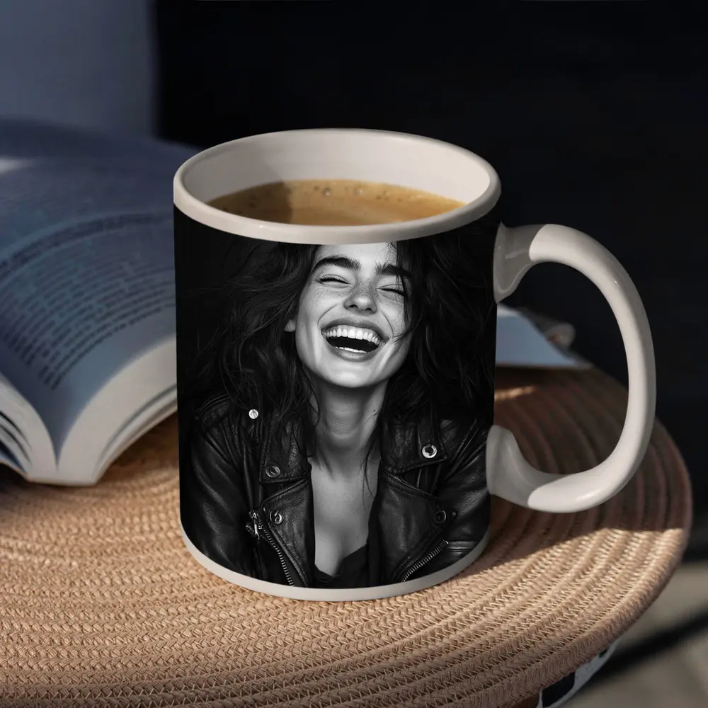 Laughing Woman Leather Jacket Black Background – Mugs