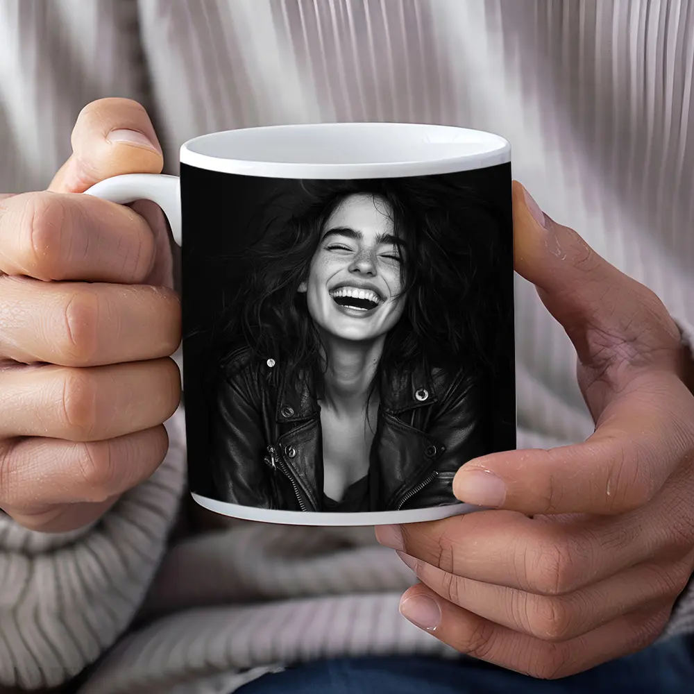 Laughing Woman Leather Jacket Black Background – Mugs