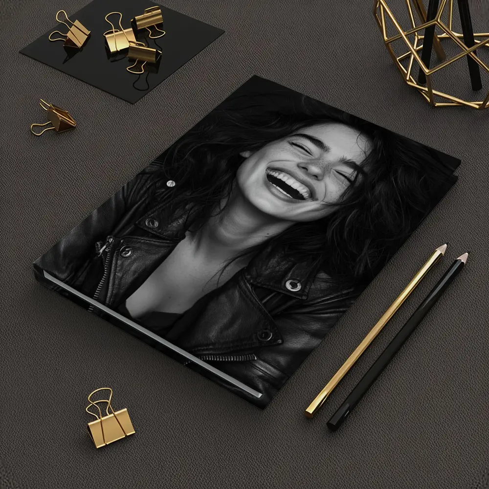 Laughing Woman Leather Jacket Black Background – Notebooks
