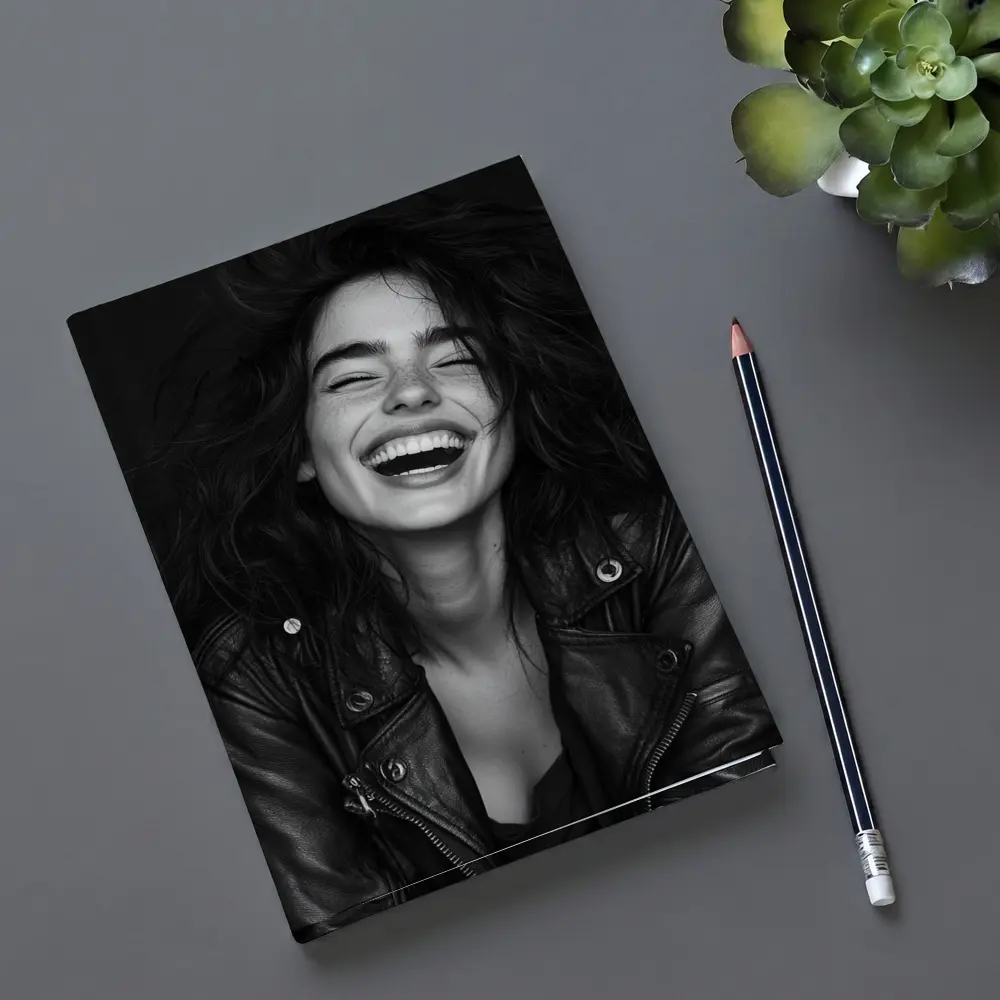 Laughing Woman Leather Jacket Black Background – Notebooks