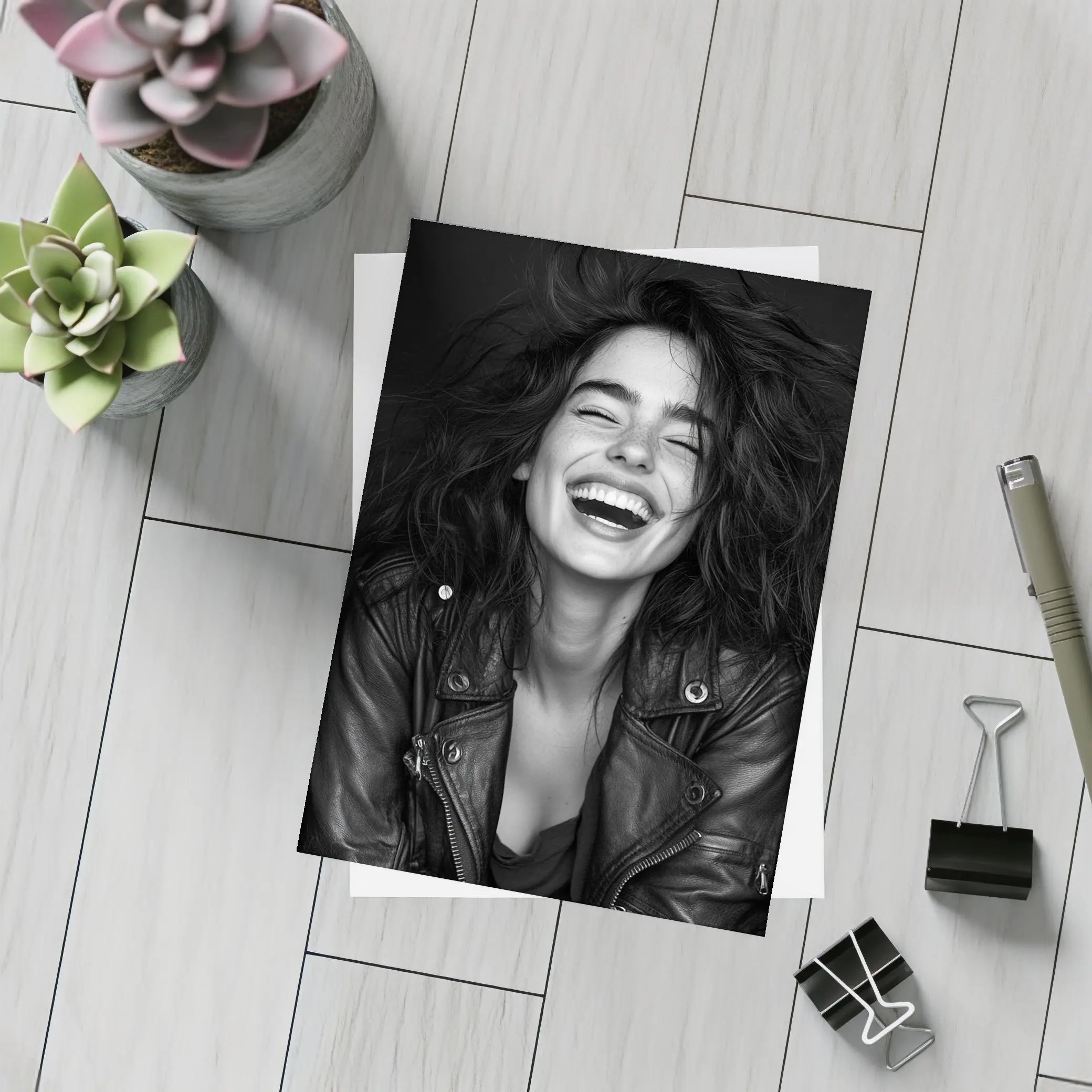 Laughing Woman Leather Jacket Black Background – Postcards