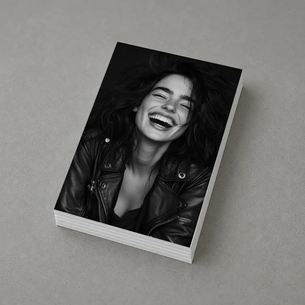 Laughing Woman Leather Jacket Black Background – Postcards