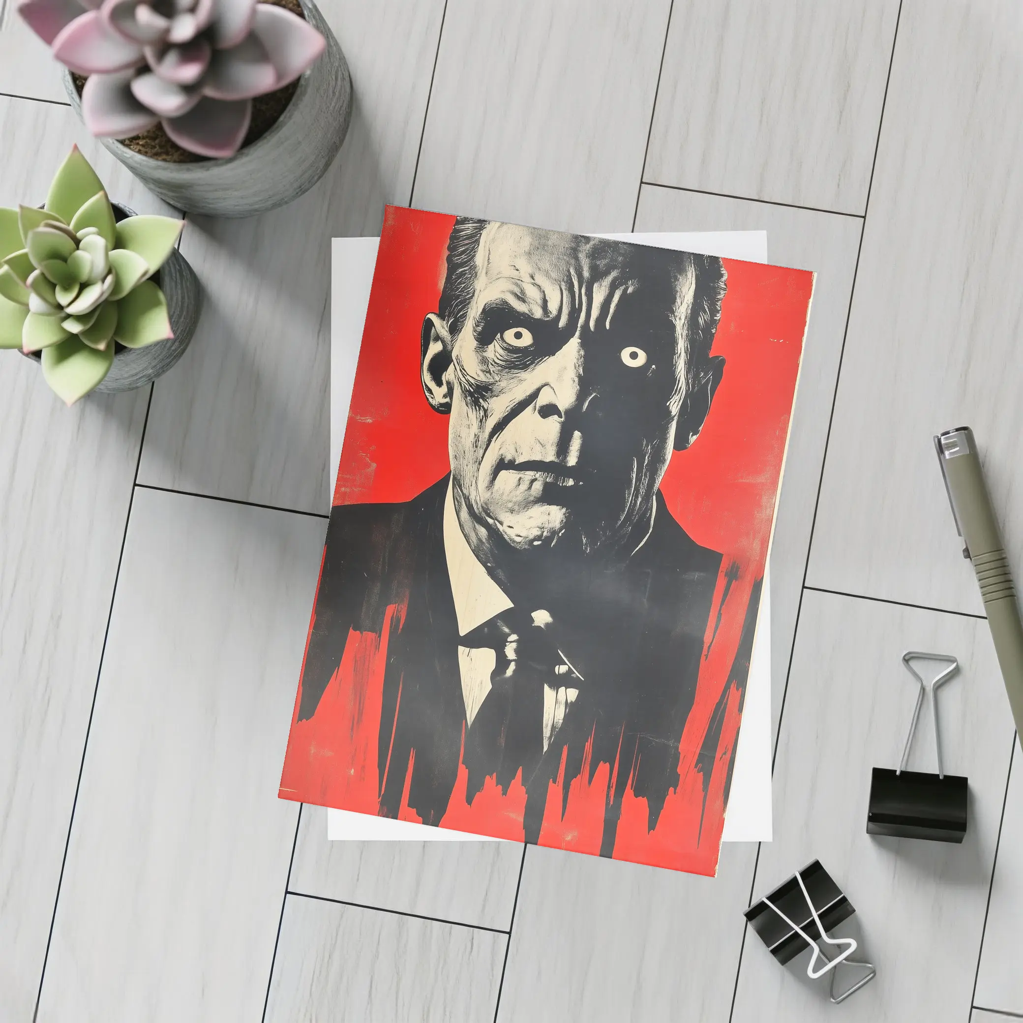 Dark Portrait Man Red Grunge Background Art – Postcards