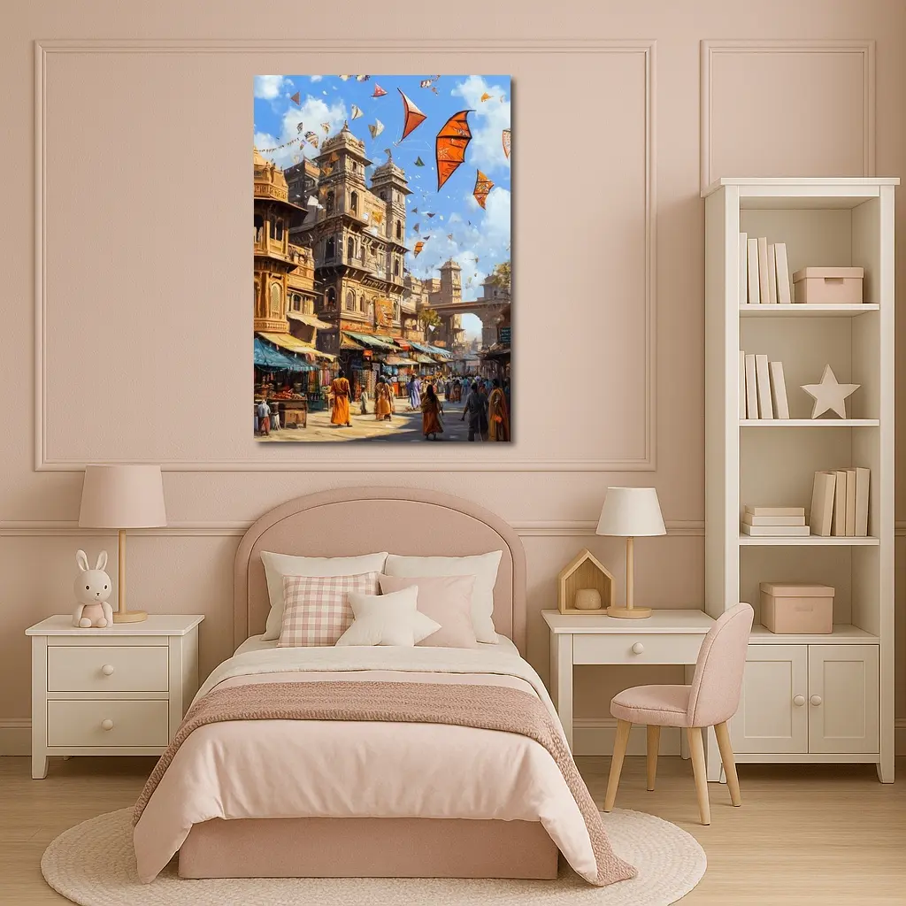 Indian City Street Kites Festival Painting – Wall Art