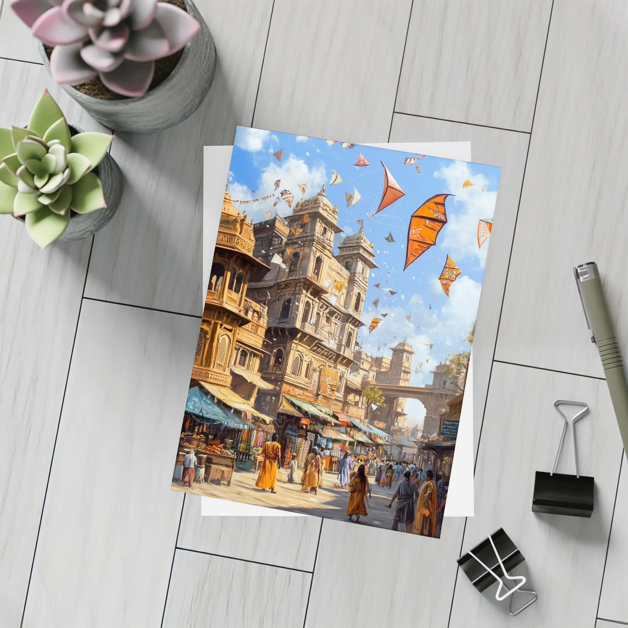 Indian City Street Kites Festival Painting – Postcards