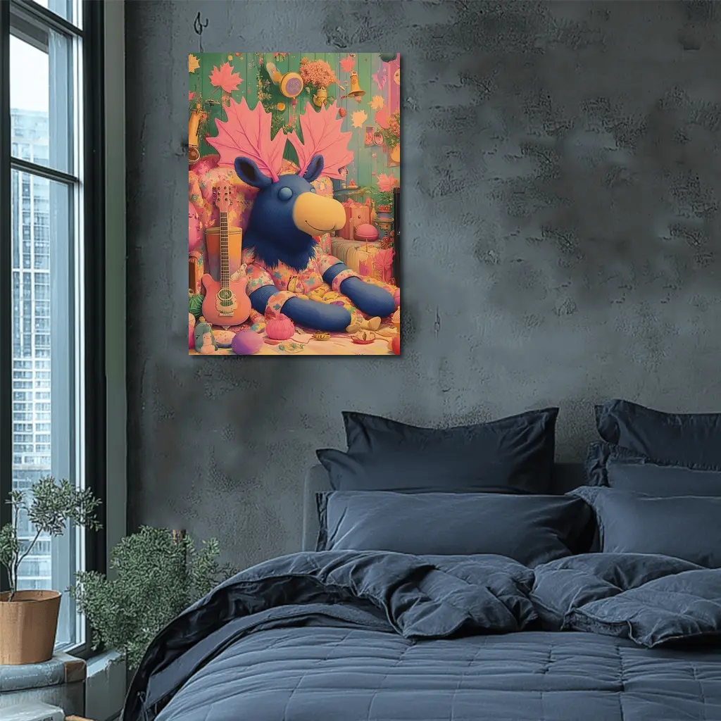 Blue Moose Plush Toy Colorful Retro Room – Wall Art