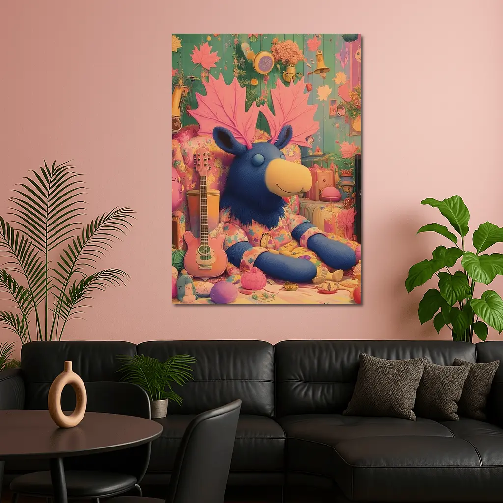 Blue Moose Plush Toy Colorful Retro Room – Wall Art