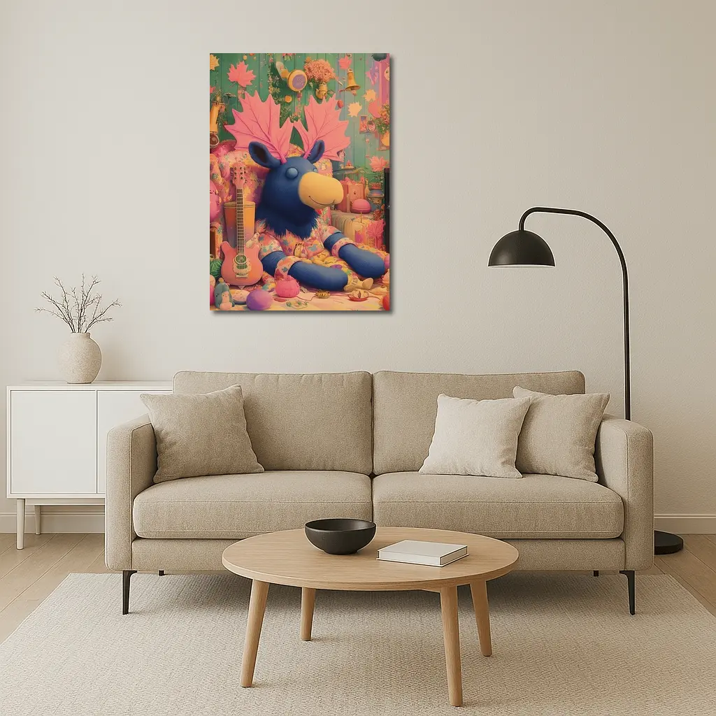 Blue Moose Plush Toy Colorful Retro Room – Wall Art