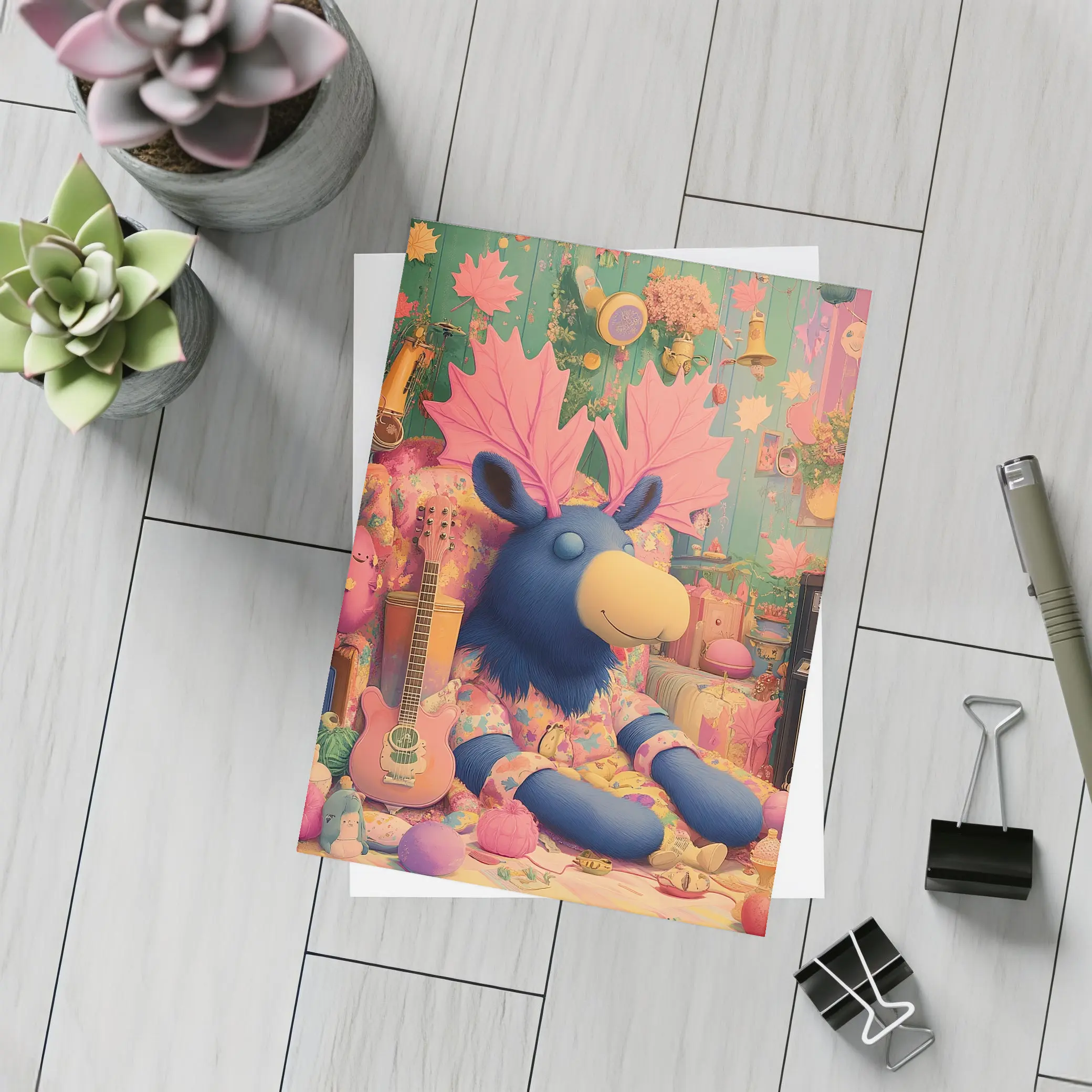 Blue Moose Plush Toy Colorful Retro Room – Postcards