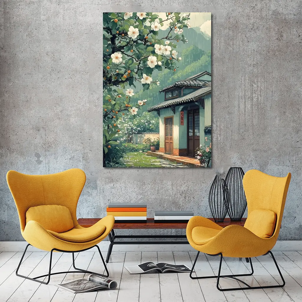Rainy Chinese Village House White Blossoms – Wall Art