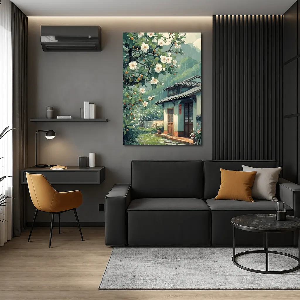 Rainy Chinese Village House White Blossoms – Wall Art