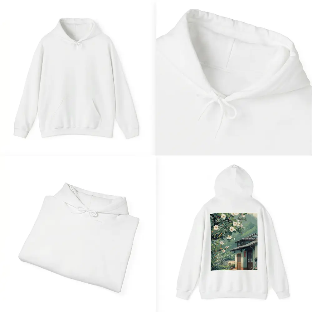 Rainy Chinese Village House White Blossoms – Hoodies