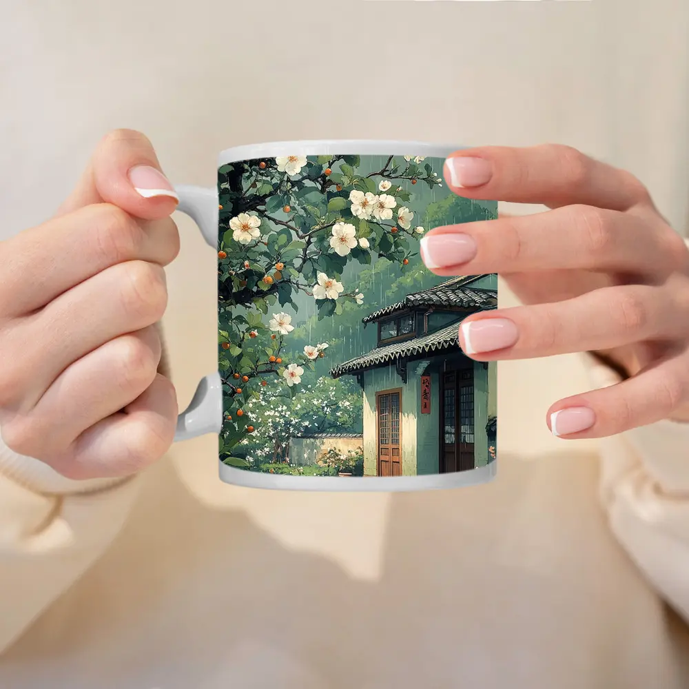 Rainy Chinese Village House White Blossoms – Mugs