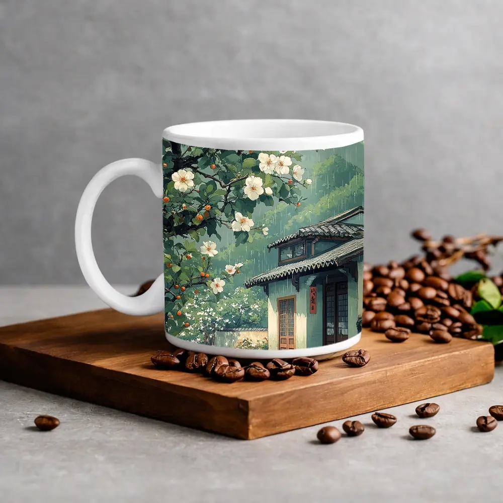 Rainy Chinese Village House White Blossoms – Mugs