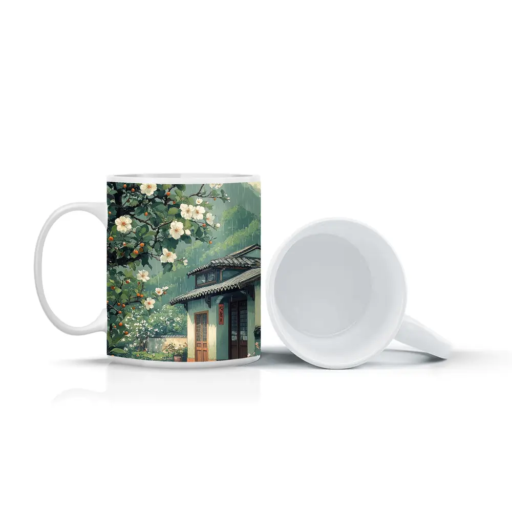 Rainy Chinese Village House White Blossoms – Mugs