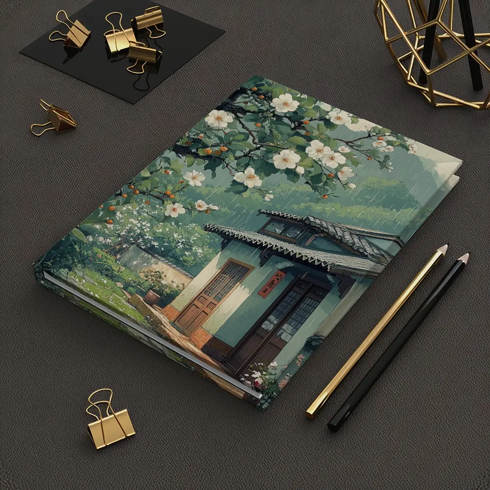 Rainy Chinese Village House White Blossoms – Notebooks