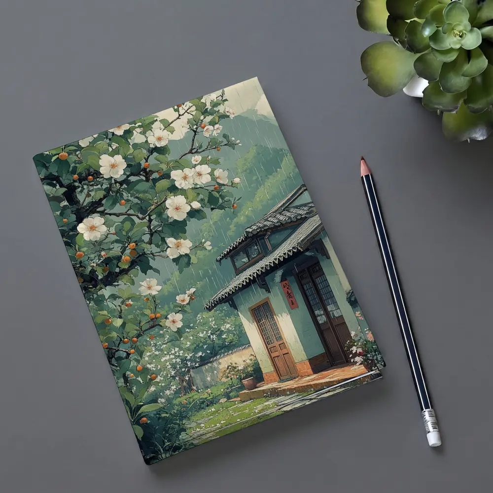 Rainy Chinese Village House White Blossoms – Notebooks