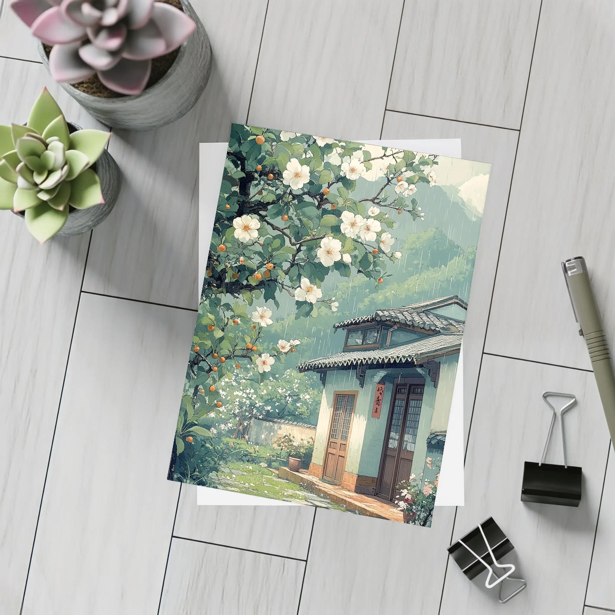 Rainy Chinese Village House White Blossoms – Postcards