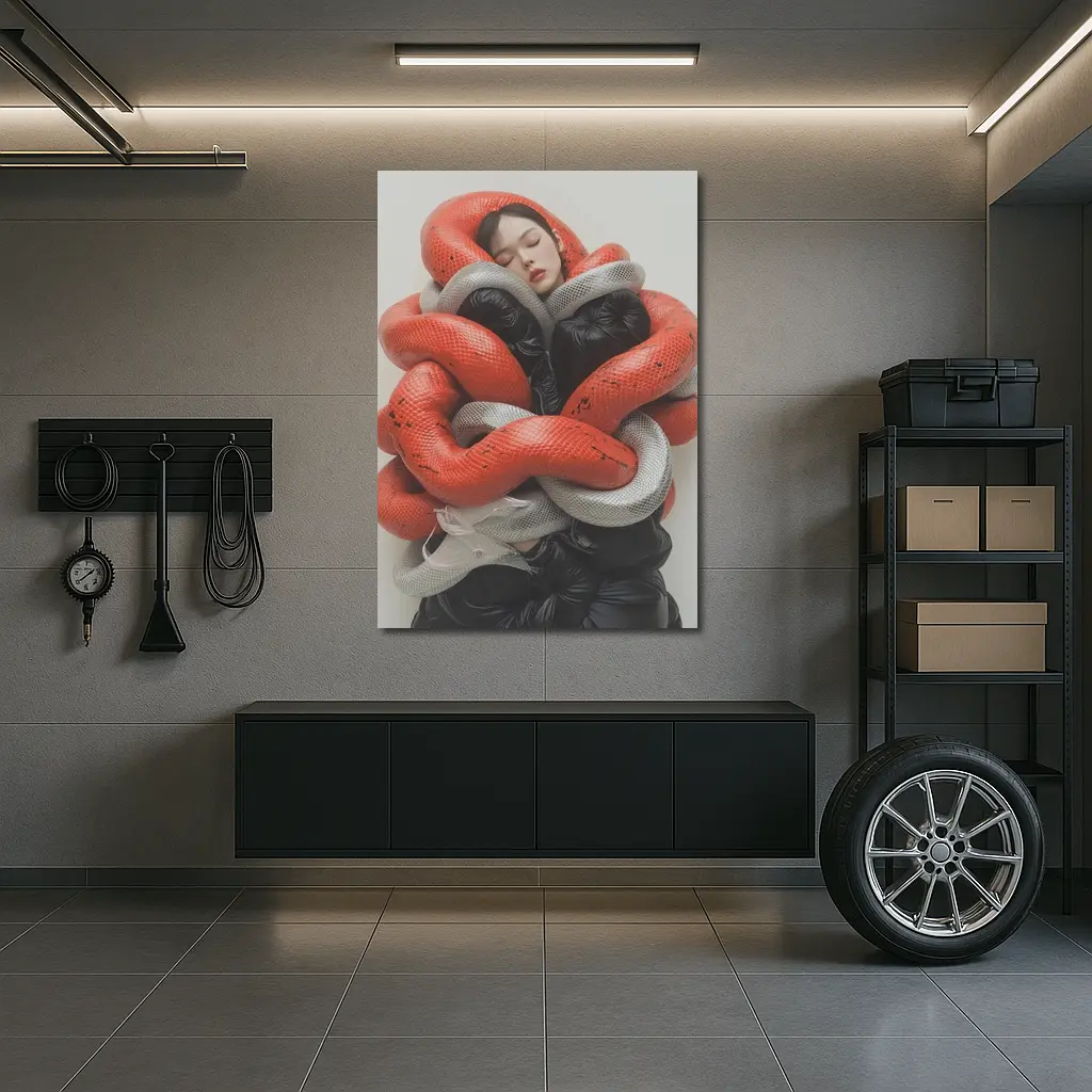 Woman Wrapped In Red Gray Snakes – Wall Art